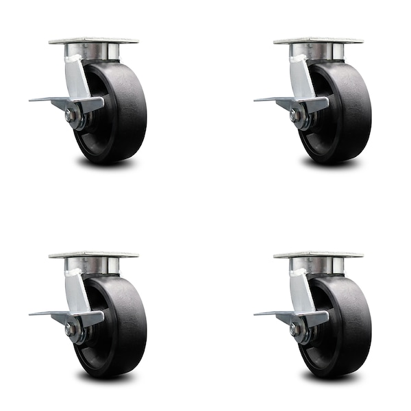 6 Inch Kingpinless Glass Filled Nylon Wheel Swivel Caster Set with Brakes SCC